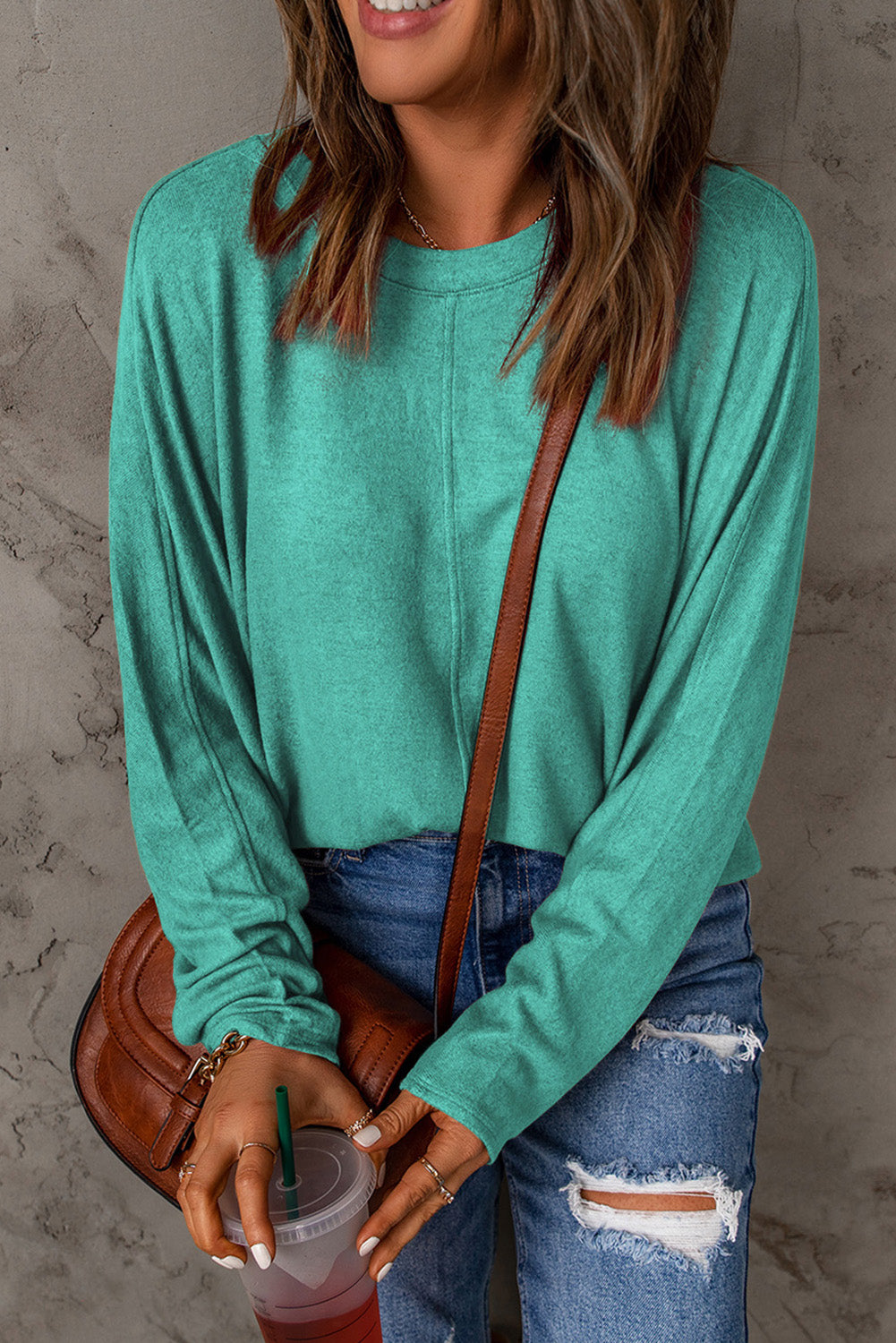 Solid Colour Patchwork Long Sleeve Top | Green