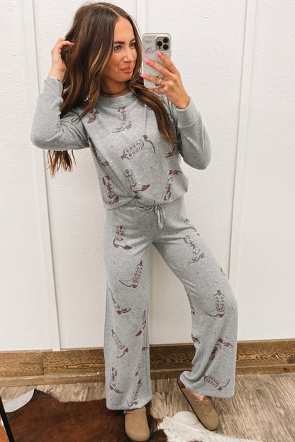 Cowgirl Boots Printed Long Sleeve Top Pants Lounge Set | Gray