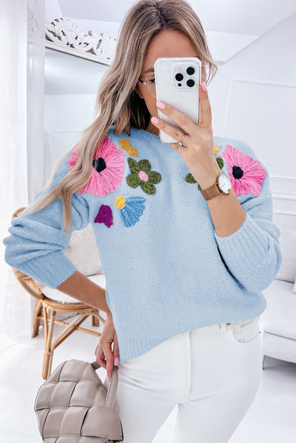 Knitted Flower Pattern Ribbed Edge Sweater | Light Blue