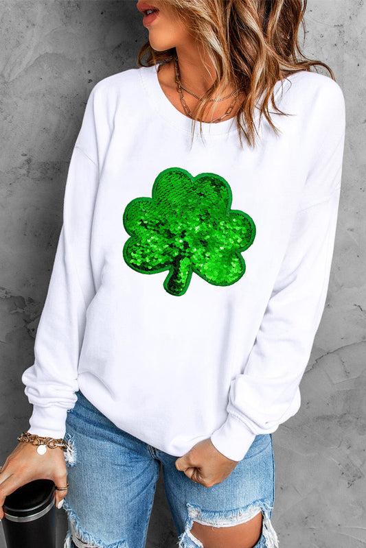 White Sequin Clover Embroidered Drop Shoulder Sweatshirt