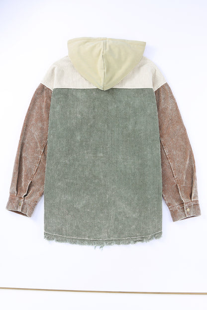 Colour Block Button Down Hooded Corduroy Jacket | Green