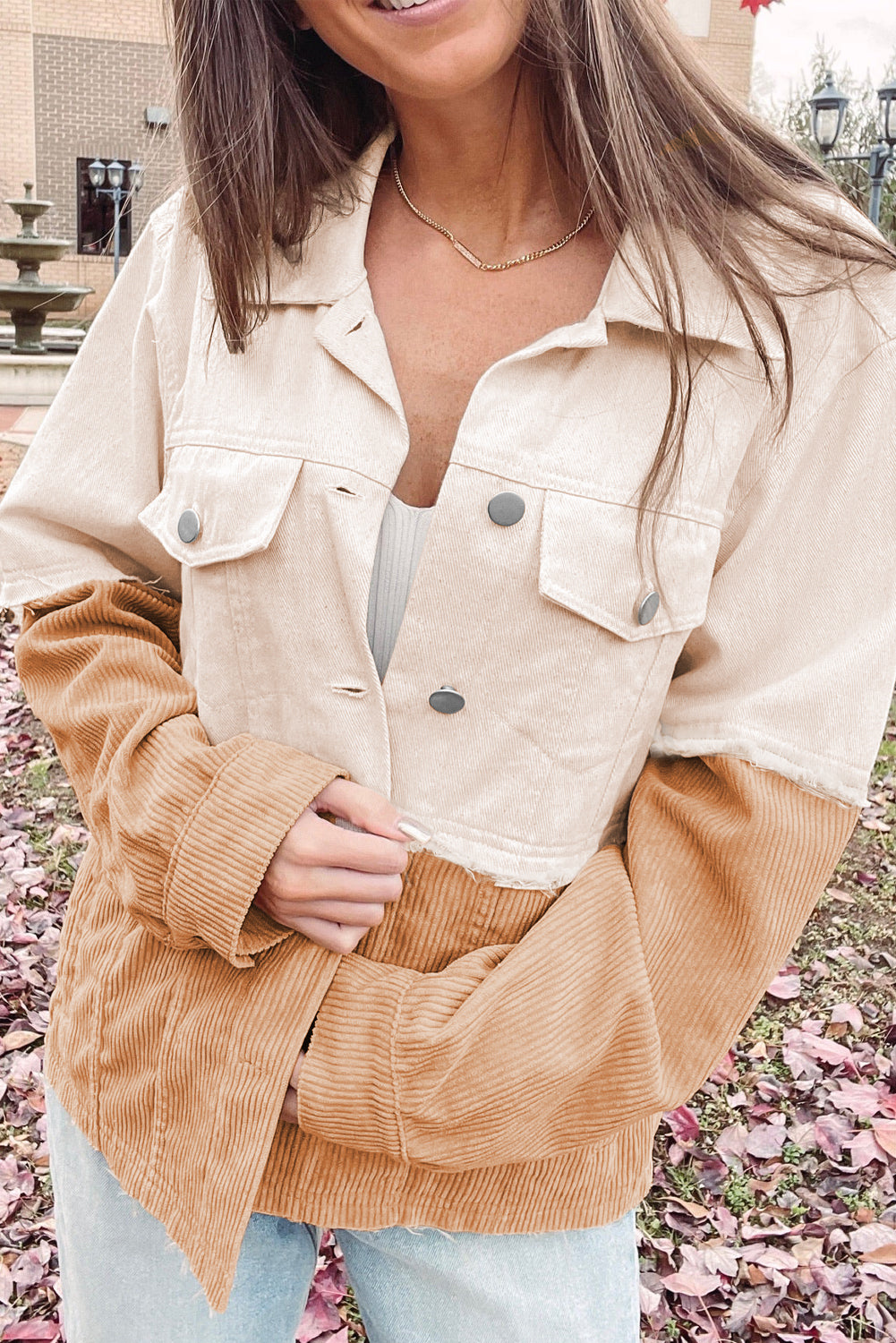 Two Toned Colourblock Cord Chambray Flap Pockets Jacket | Khaki