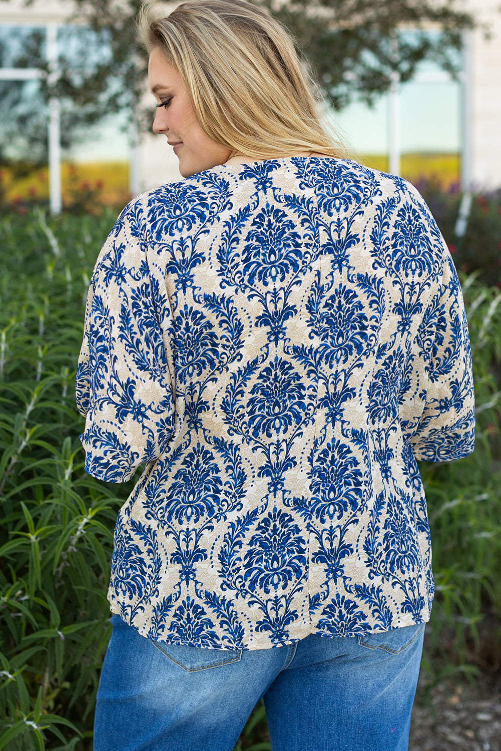 Plus Size Ethnic Printed 3/4 Sleeve V Neck Loose Blouse | Blue