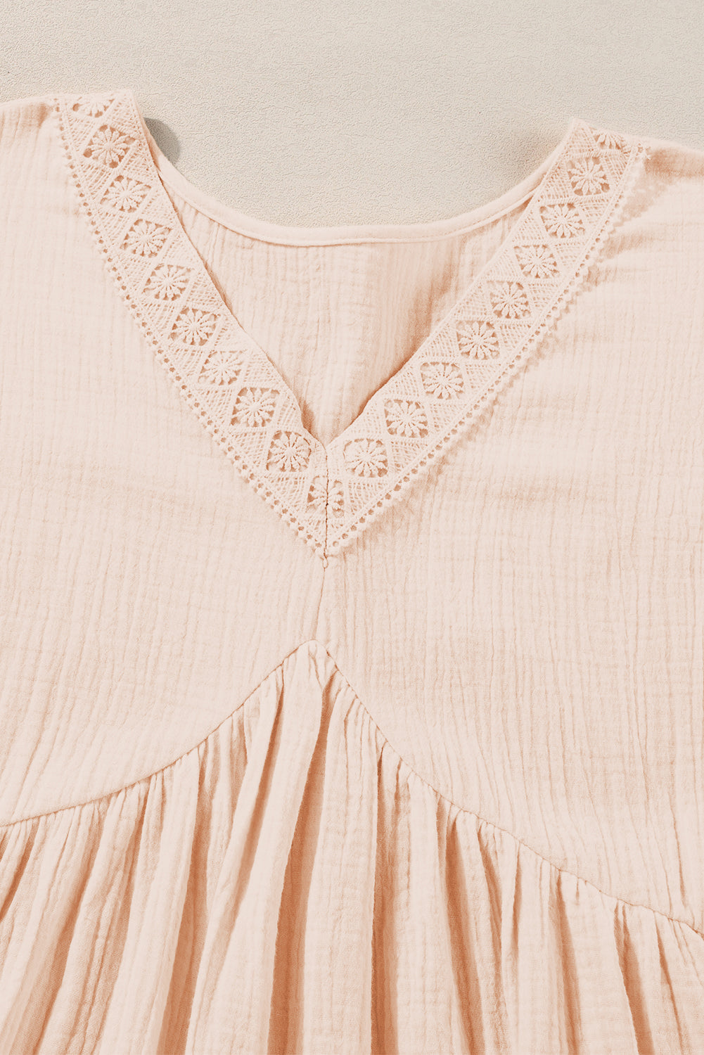 Folded Short Sleeve Lace V Neck Mini Dress | Beige