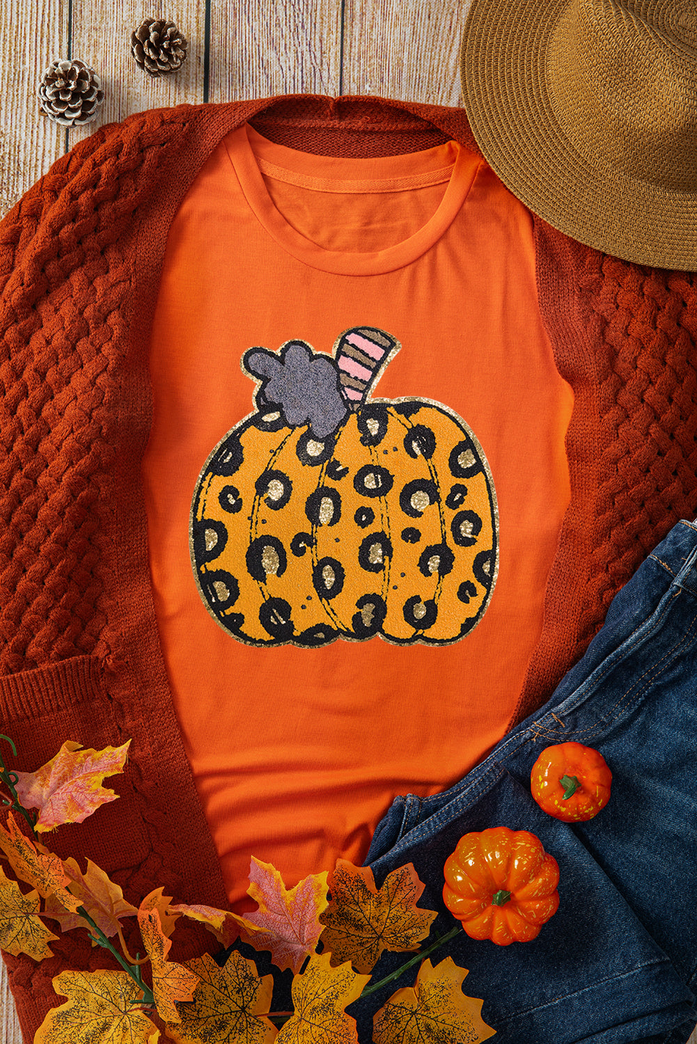 Halloween Leopard Pumpkin Crew Neck Graphic Tee | Orange