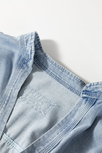 Light Wash Exposed Stitching Raw Hem V Neck Denim Top | Beau Blue