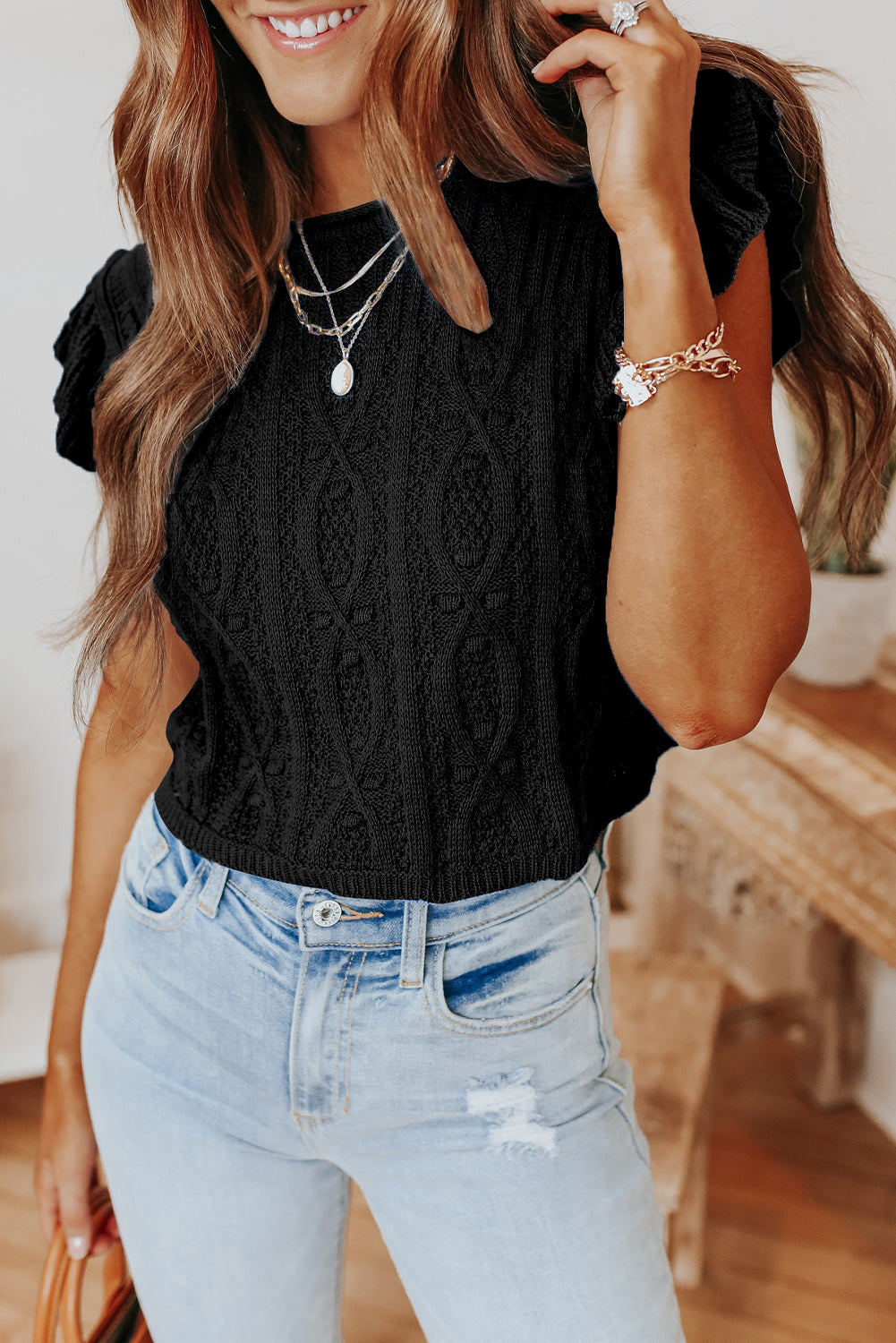 Ruffle Sleeve Cable Knit Top | Black