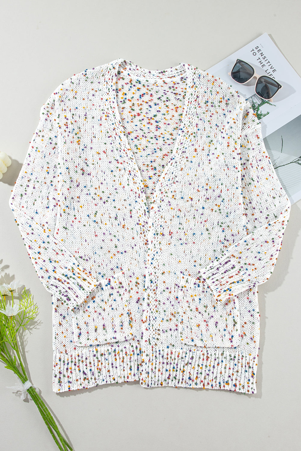 Confetti Rib Knit Long Sleeve Cardigan | White