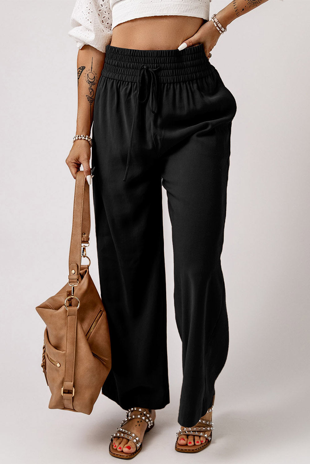 Drawstring Elastic Waist Casual Wide Leg Pants | Black