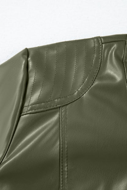 Solid Faux Leather Zipper Slim Fit Bomber Jacket | Sage Green