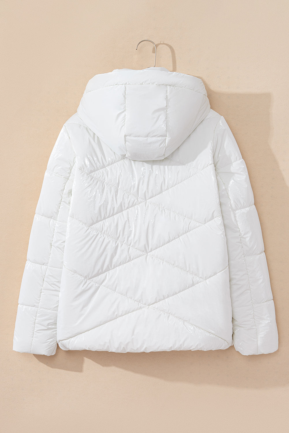 Solid Quilted Hooded Zip Up Puffer Coat | White