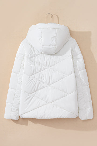 Solid Quilted Hooded Zip Up Puffer Coat | White