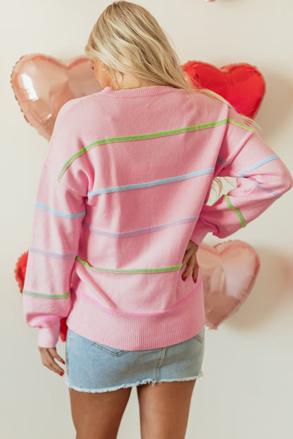 Rainbow Stripes Drop Shoulder Baggy Henley Sweater | Pink