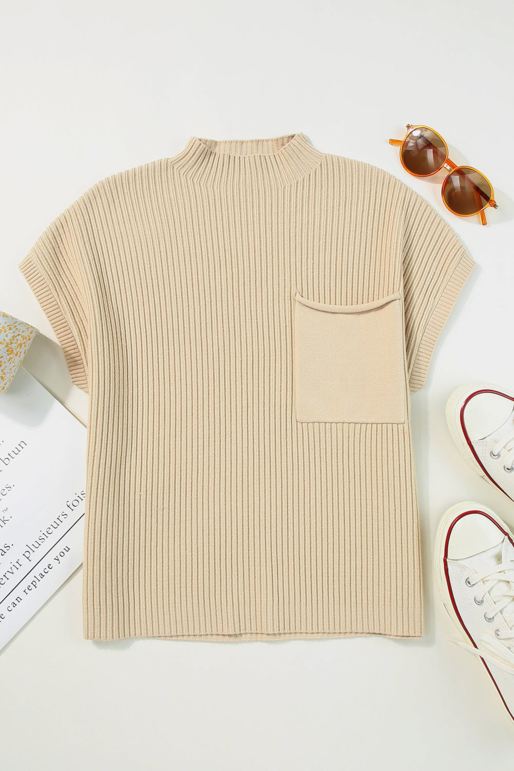 Patch Pocket Ribbed Knit Short Sleeve Sweater | Oatmeal