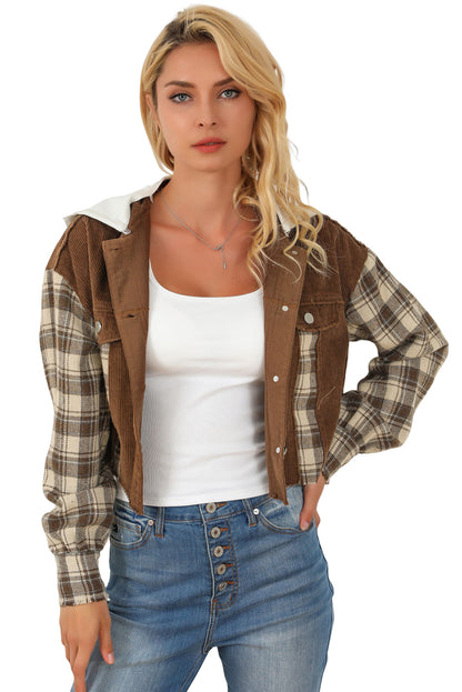 Plaid Patchwork Distressed Hooded Cropped Jacket | Brown