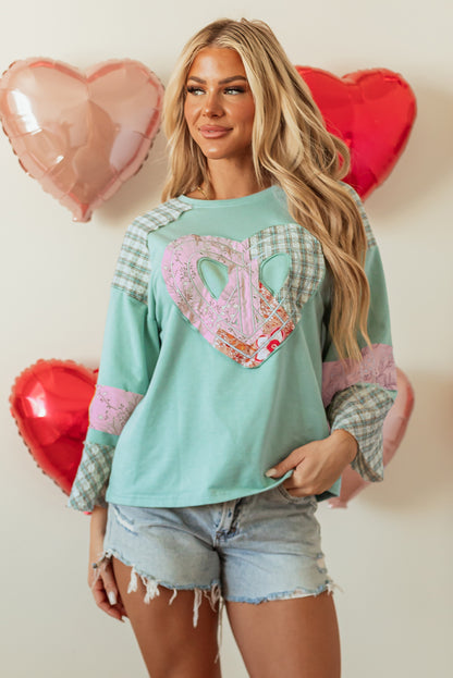 Plaid Floral Peace Heart Graphic Wide Long Sleeve Top | Clearly Aqua