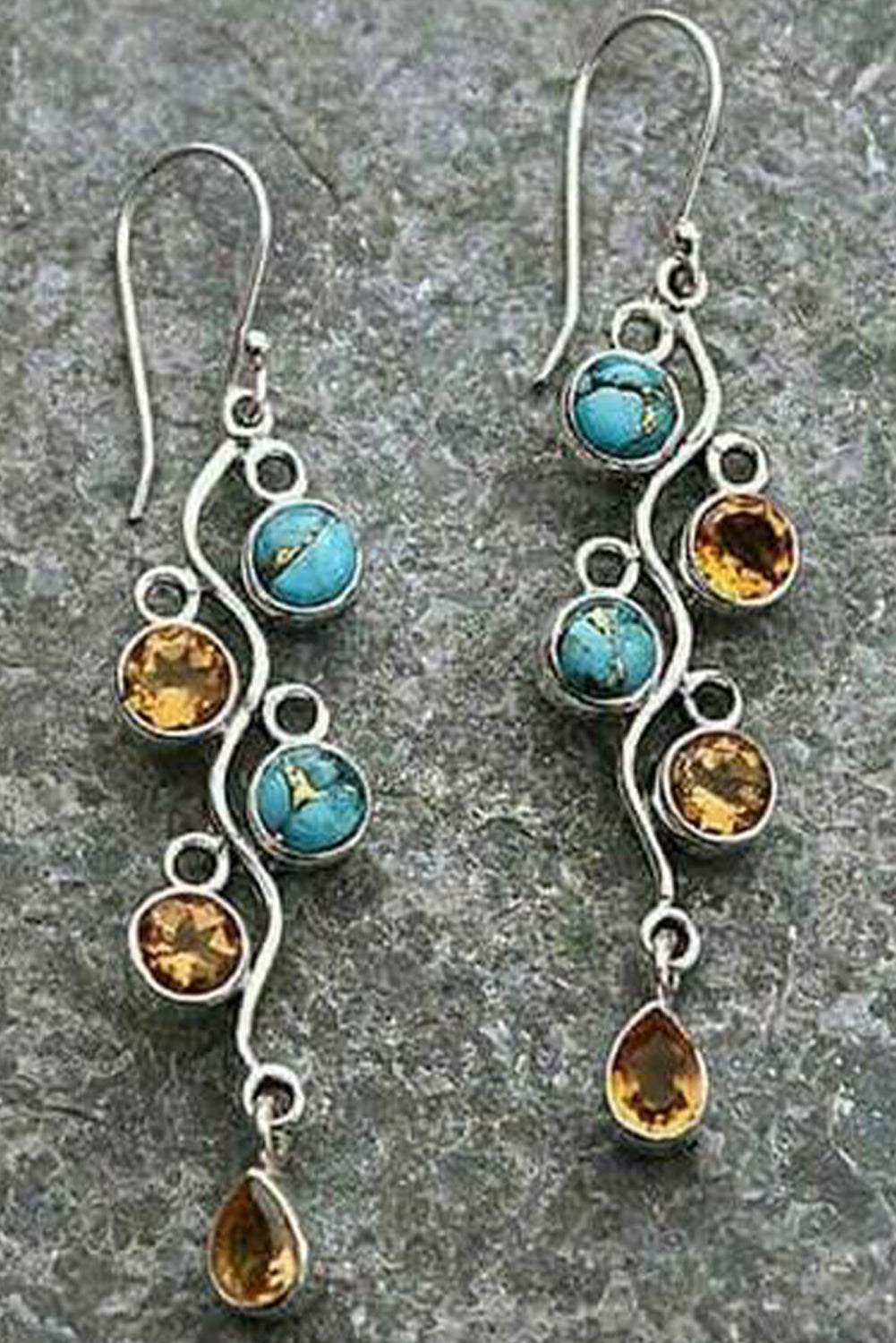 Turquoise Gem Inlay Vintage Alloy Dangle Earrings | Silvery