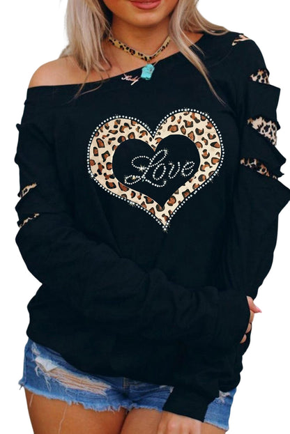 Leopard Rhinestone Heart Graphic Slash Sleeve Sweatshirt | Black