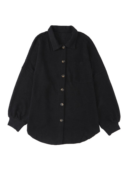 Waffle Knit Button Up Casual Shirt | Black