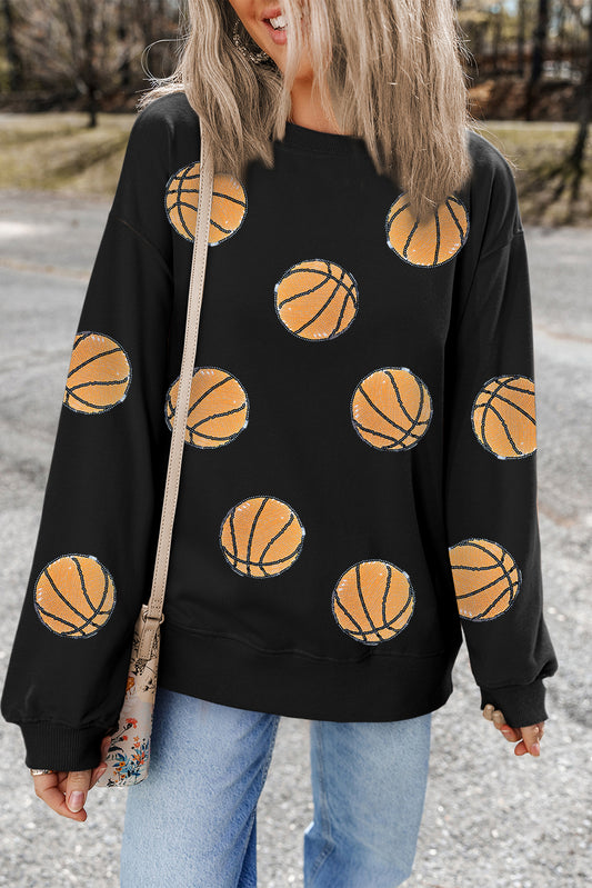 Black Sequin Ball Patched Crewneck Game Day Sweatshirt