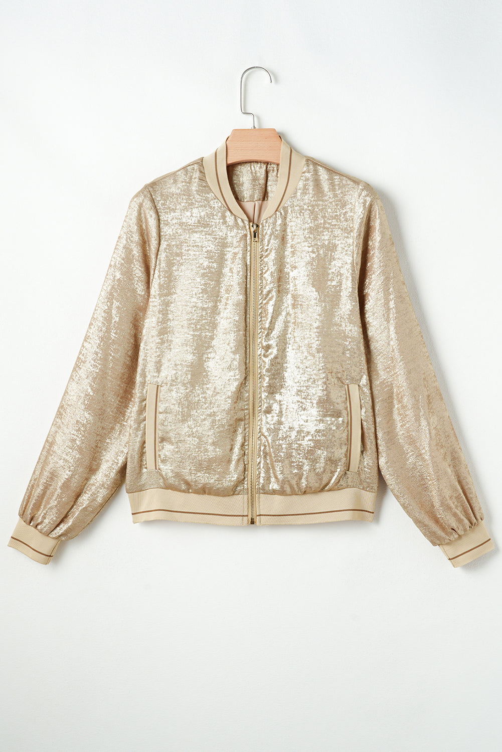 Metallic Zip Up Baseball Jacket | Pale Khaki