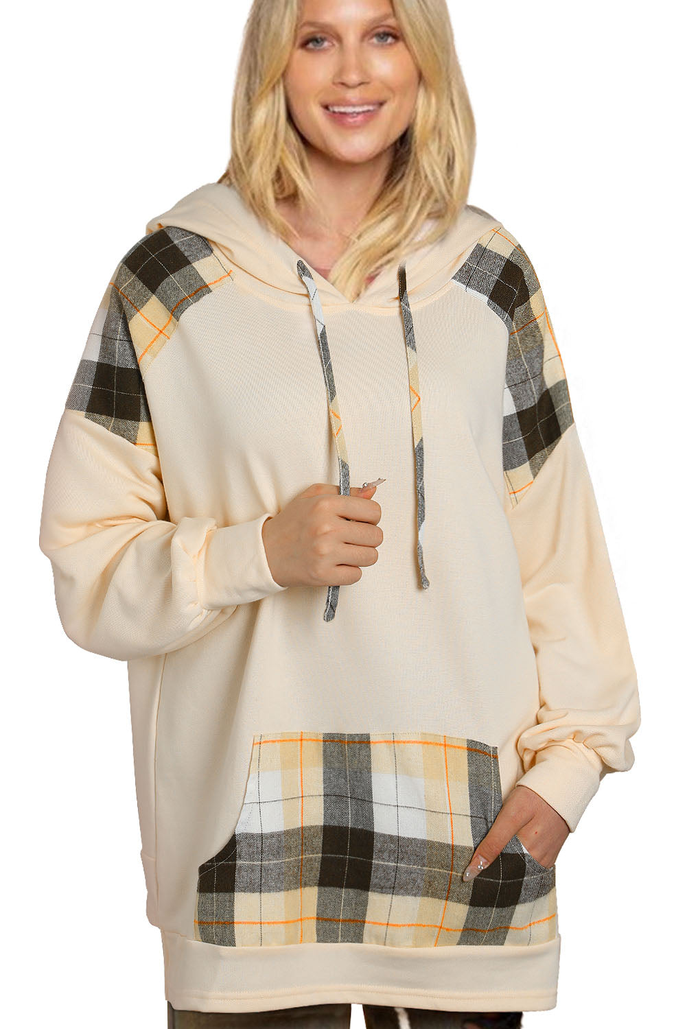 Plaid Patchwork Kangaroo Pocket Oversized Hoodie | Khaki