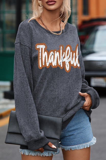 Thankful Printed Drop Shoulder Corded Thanksgiving Sweatshirt | Gray