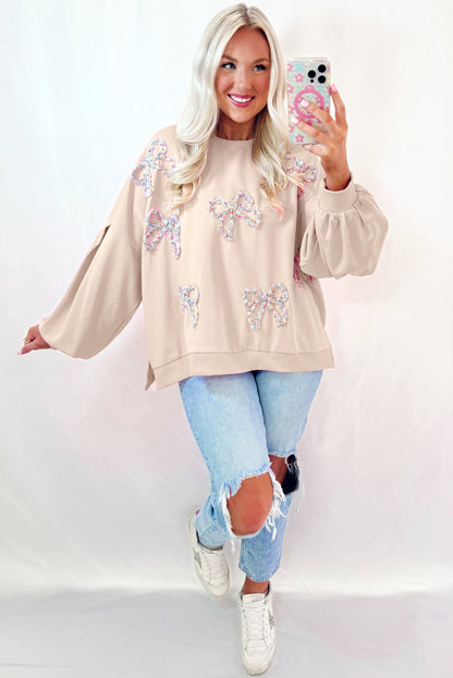 Embroidered Bow Lantern Sleeve Oversized Pullover Sweatshirt | Parchment