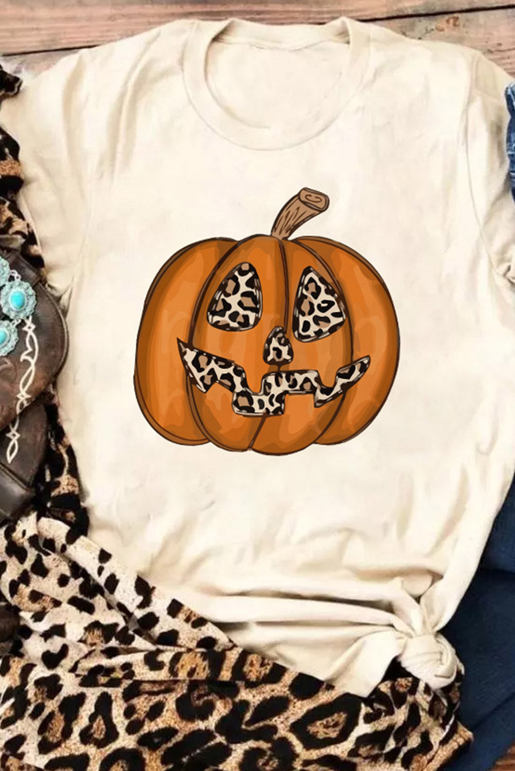 Halloween Leopard Pumpkin Print T Shirt | Khaki