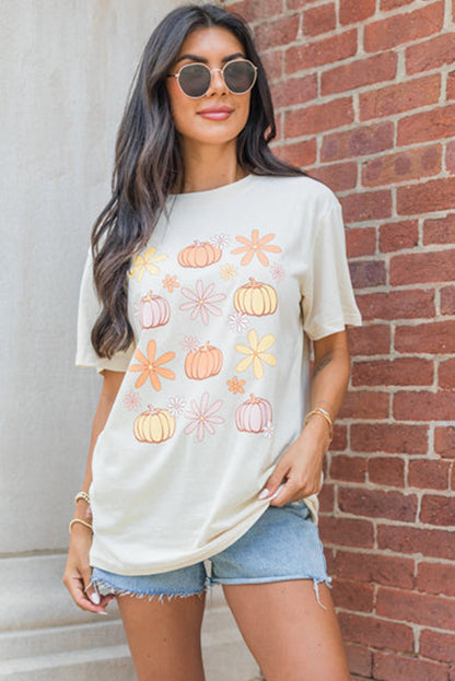 Floral Pumpkin Graphic Crewneck Halloween T Shirt | White