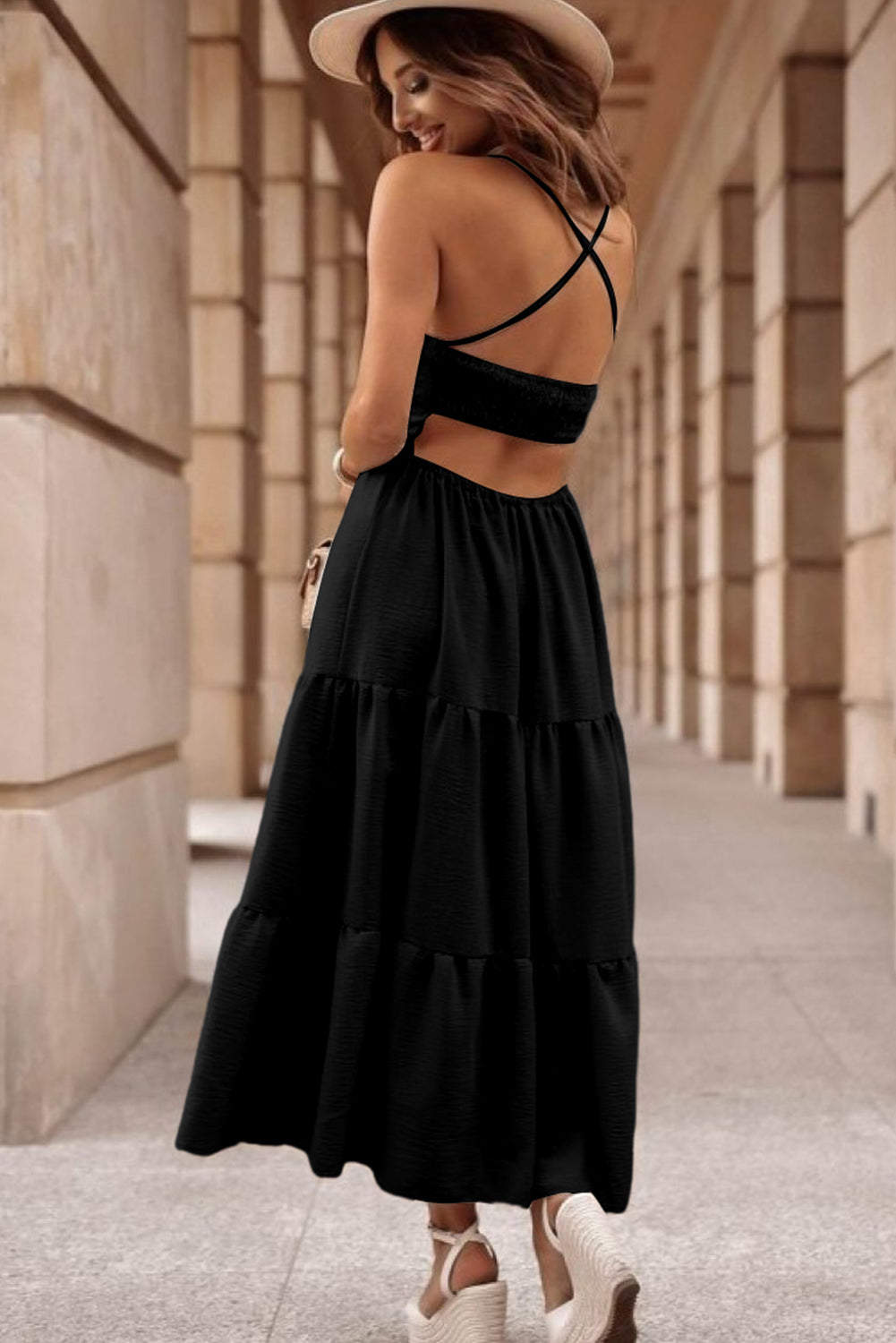 Crossover Backless Bodice Tiered Maxi Dress | Black