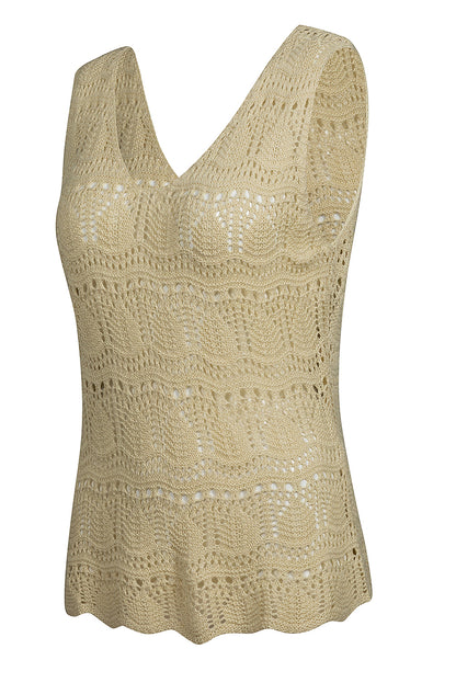 V Neck Textured Hollow-Out Sweater Vest | Apricot