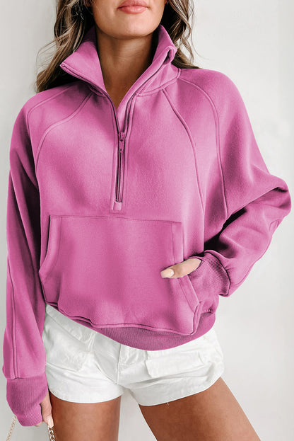 Fleece Lined Zip Up Stand Collar Thumbhole Sleeve Sweatshirt | Bonbon