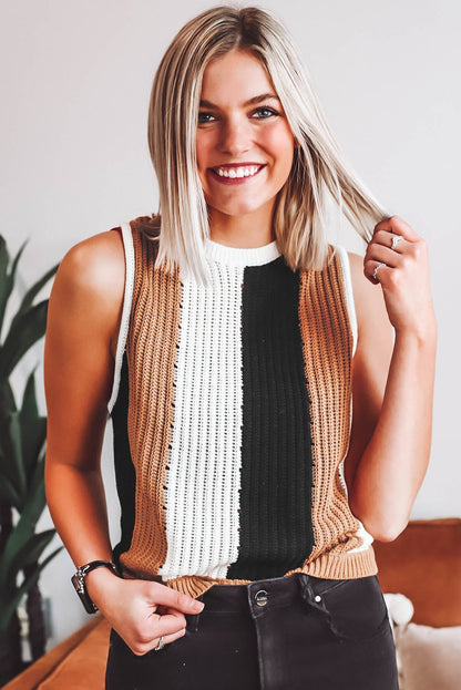 Colour Block Sleeveless Knitted Sweater Vest | Khaki Stripe