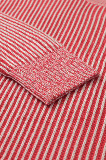 Striped Print Ribbed Trim Round Neck Sweater | Red