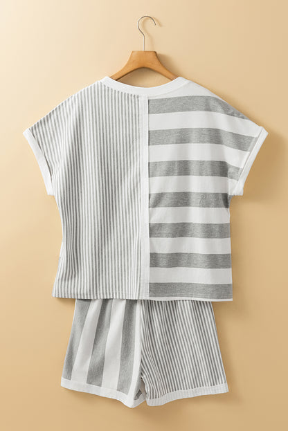 Mixed Print Short Sleeve Top And Pocketed Shorts Set | Gray Stripe