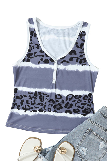 Ribbed Leopard Tie Dye Snap Button Tank Top | Gray