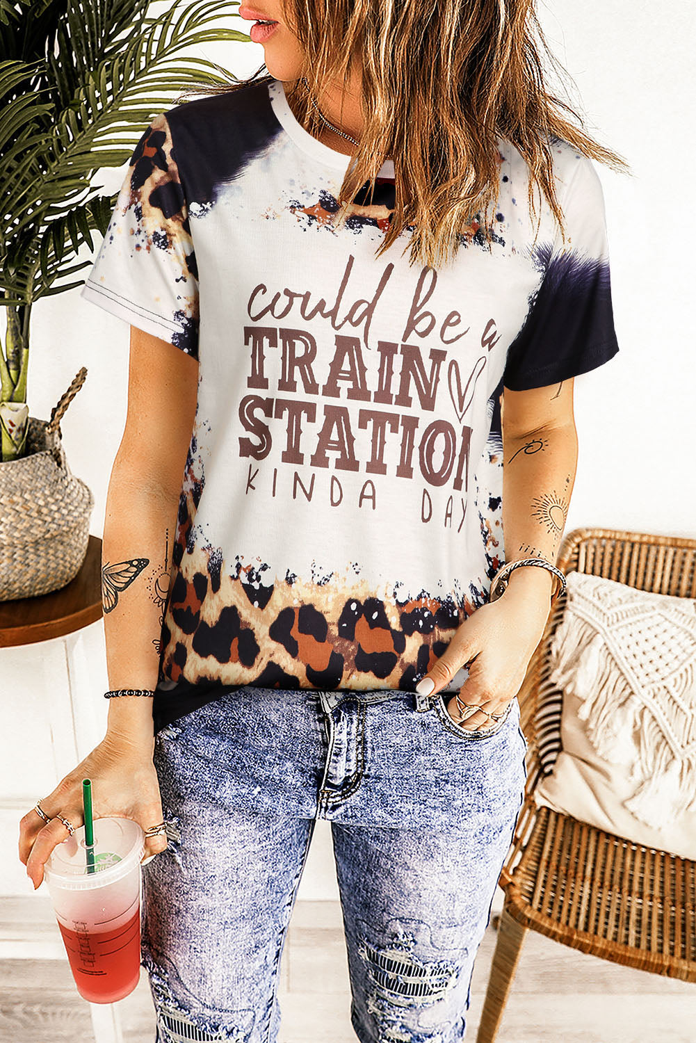 Train Station Graphic Leopard Print T Shirt | Brown