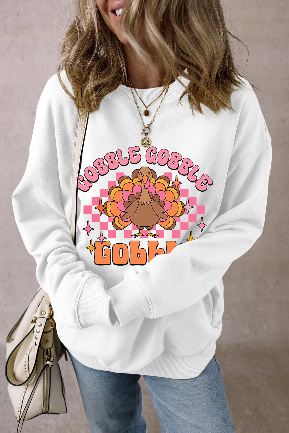 Gobble Gobble Turkey Graphic Crewneck Thanksgiving Sweatshirt | White