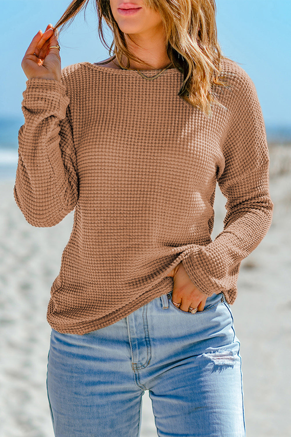 Waffle Knit Drop Shoulder Long Sleeve Top | Khaki