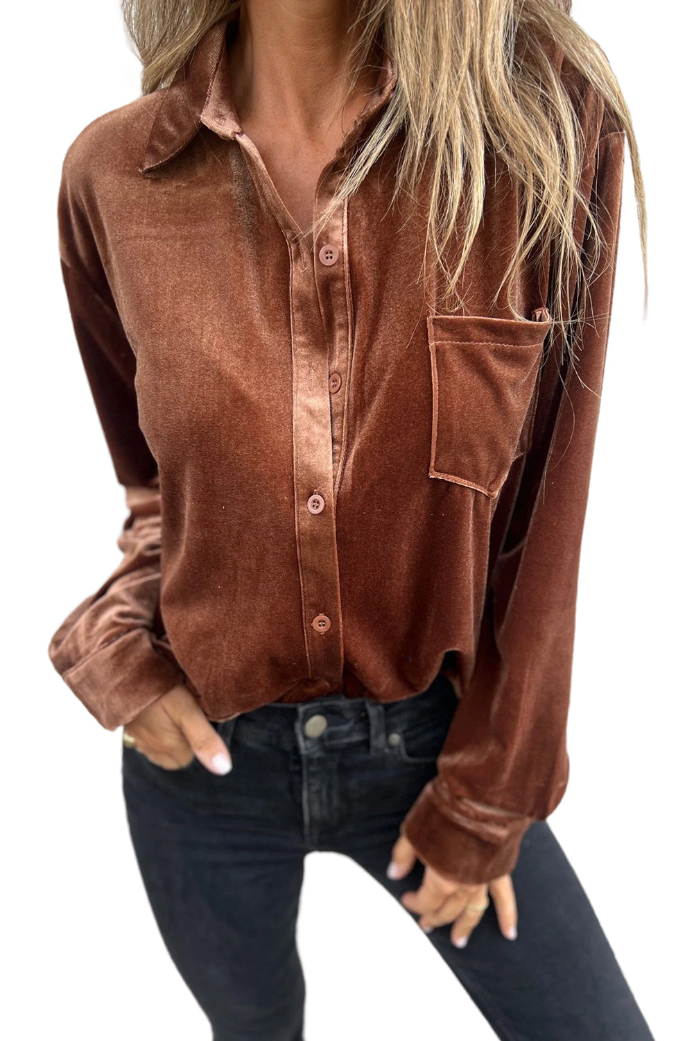 Chest Pocket Velvet Shirt | Chestnut