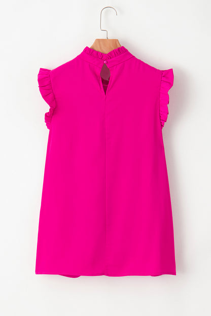 Pleated Mock Neck Frilled Trim Sleeveless Top | Bright Pink