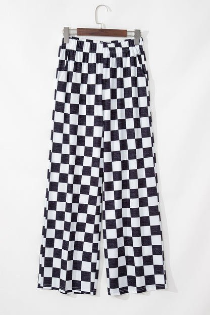 2-Tone Checked Print High Waist Wide Leg Pants | Black