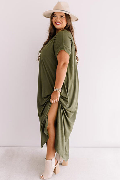 Plus Size V Neck Rolled Cuffs Maxi Dress | Green