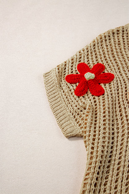 Crochet Flower Hollow-Out Sweater T Shirt | Light French Beige