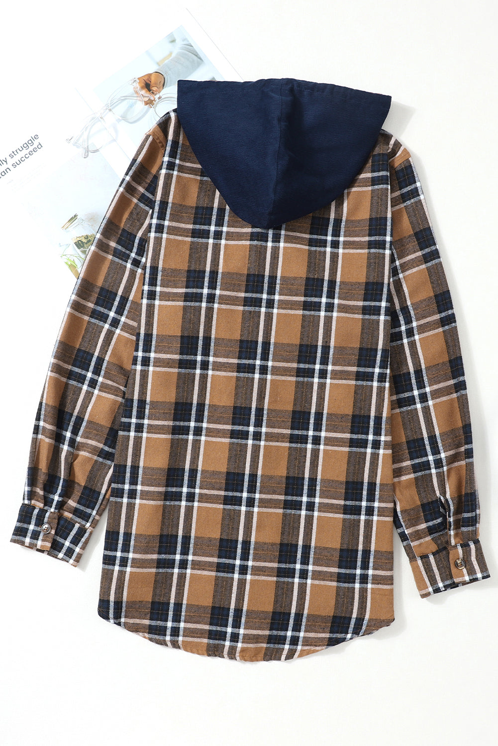 Bluing Contrast Hooded Drawstring Plaid Shacket | Mazarine