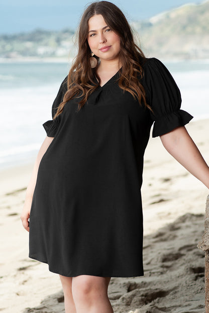 Solid Ruffled Puff Sleeve V Neck Plus Size Mini Dress | Black