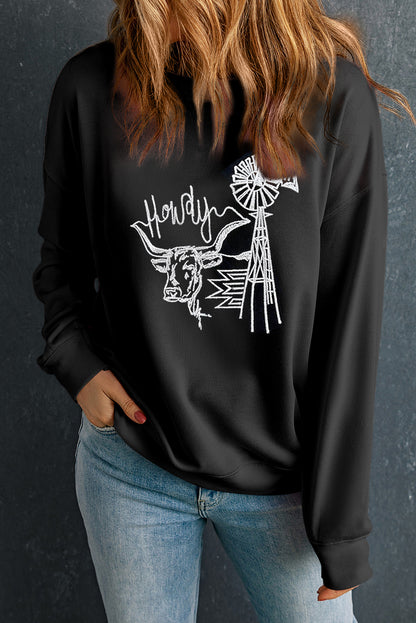 Embroidered Howdy Cow Western Graphic Crew Neck Sweatshirt | Black