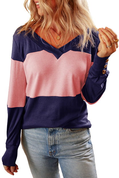 Colourblock Button Decor Long Sleeve V Neck Top | Blue Stripe