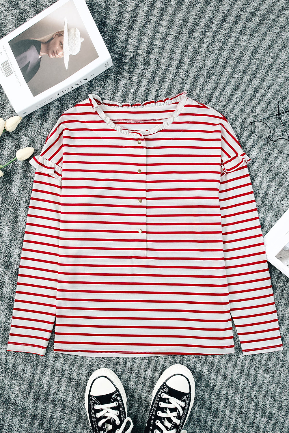 Striped Print Ruffled Buttoned Long Sleeve Top | Red